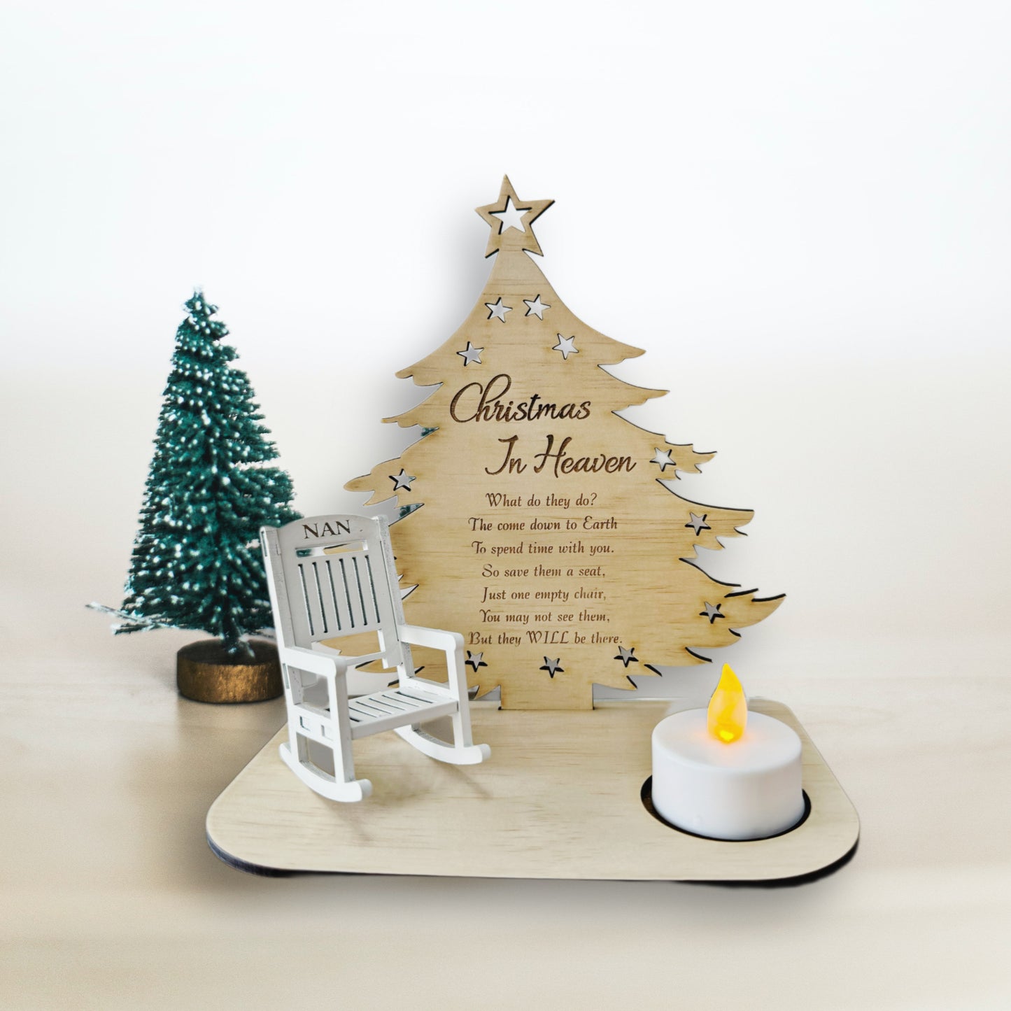 Christmas in Heaven Memorial Tree with wooden Rocking chair and Candle