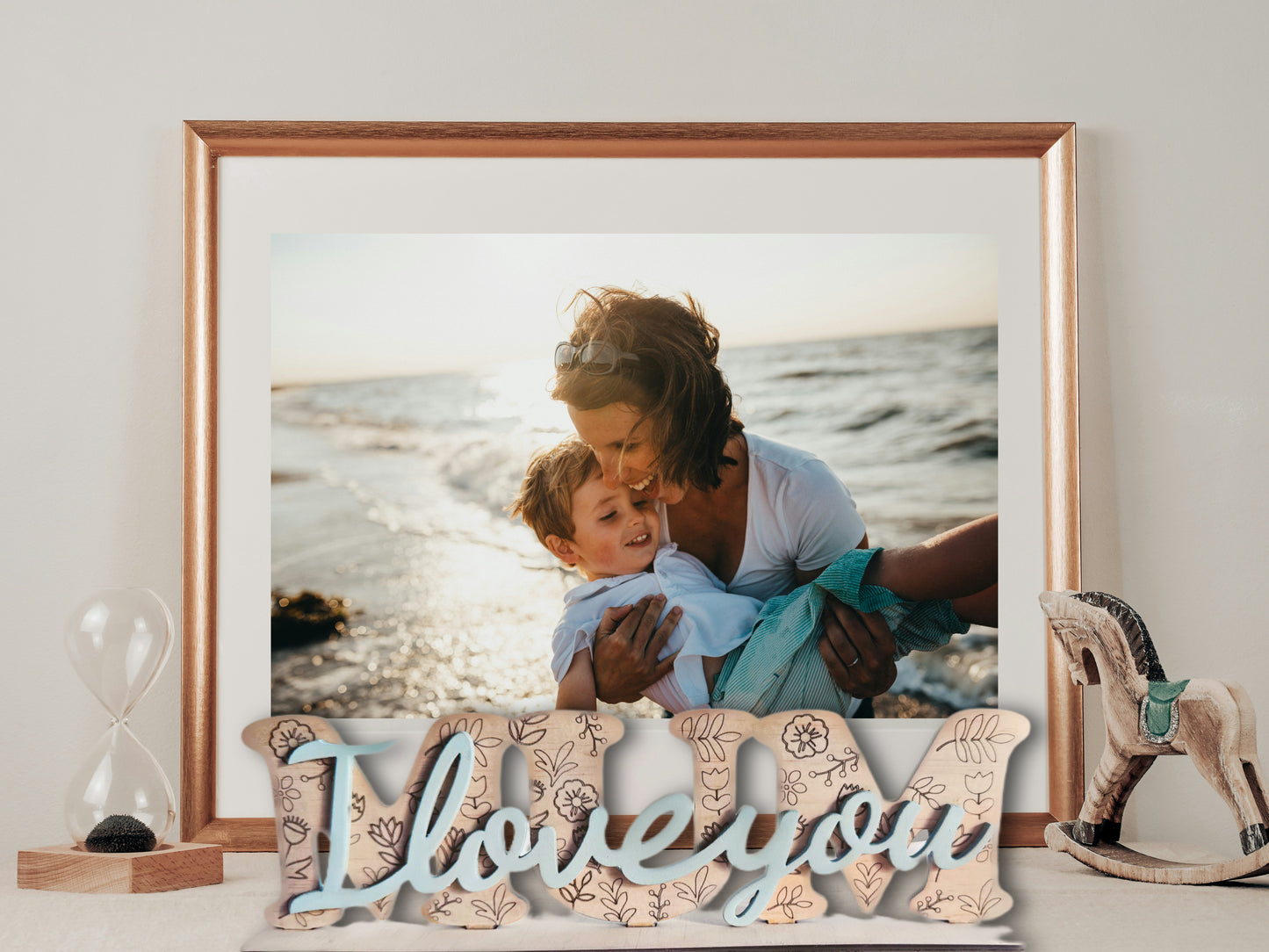 Wooden Floral Engraved “I love you” Sign with Base | Design Hut