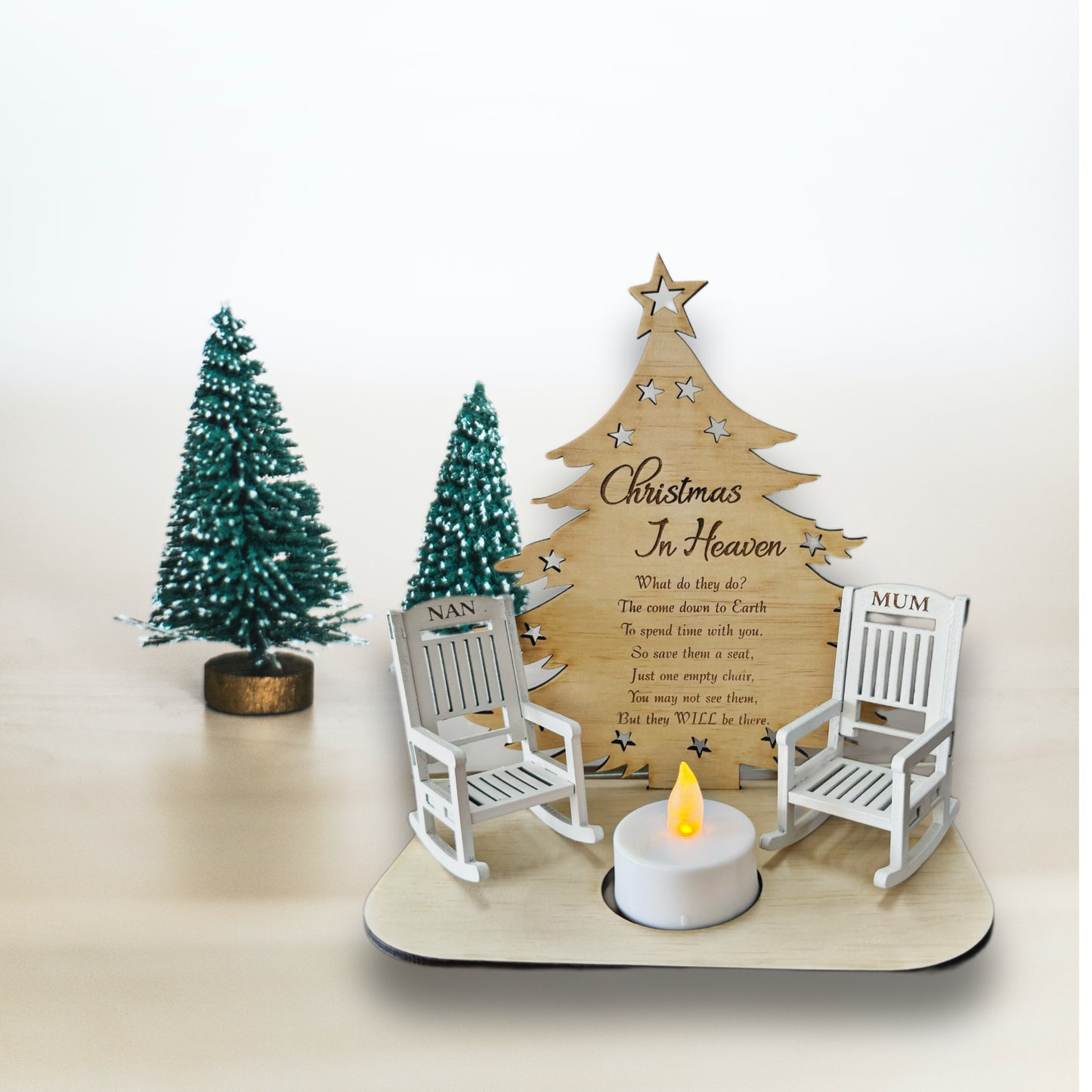 Christmas in Heaven Memorial Tree with wooden Rocking chair and Candle