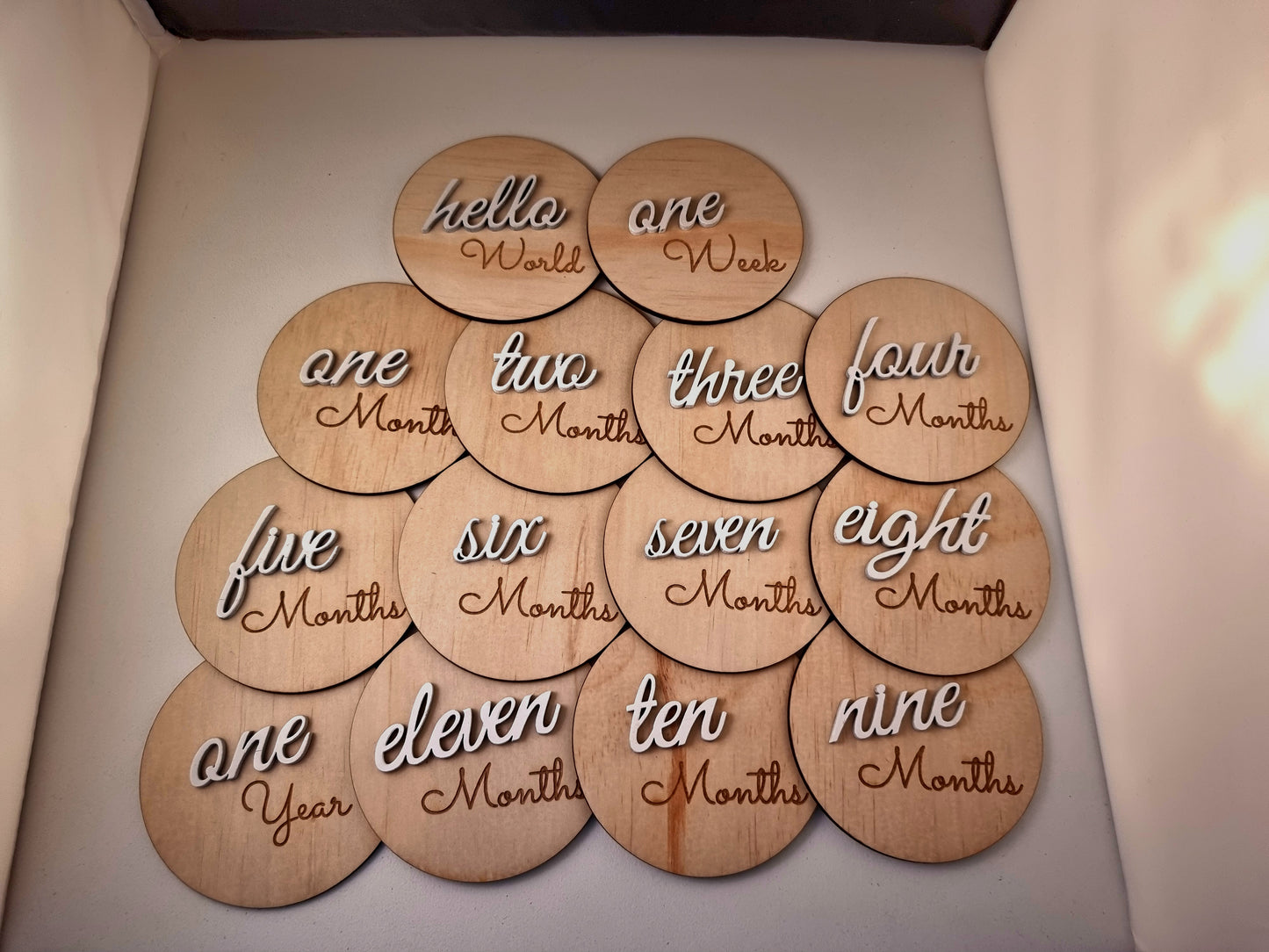 Wooden Milestones "Hello World to 1 year" 3D number Design discs - Design Hut