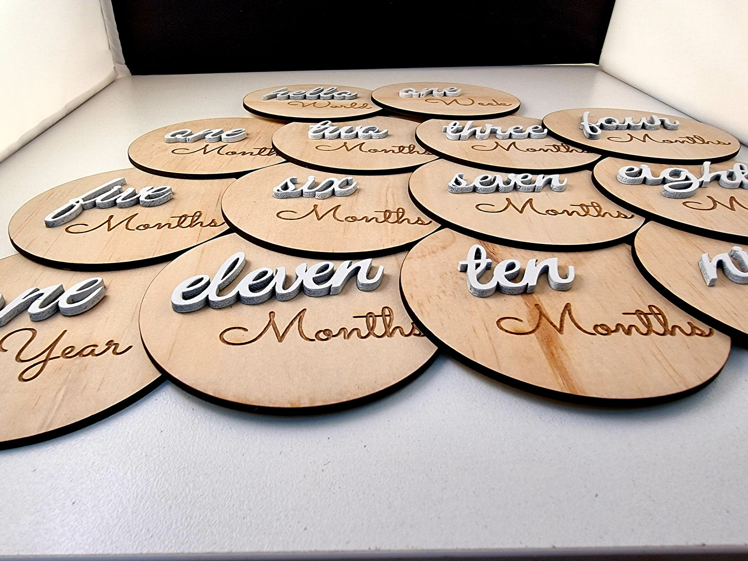 Wooden Milestones "Hello World to 1 year" 3D number Design discs - Design Hut