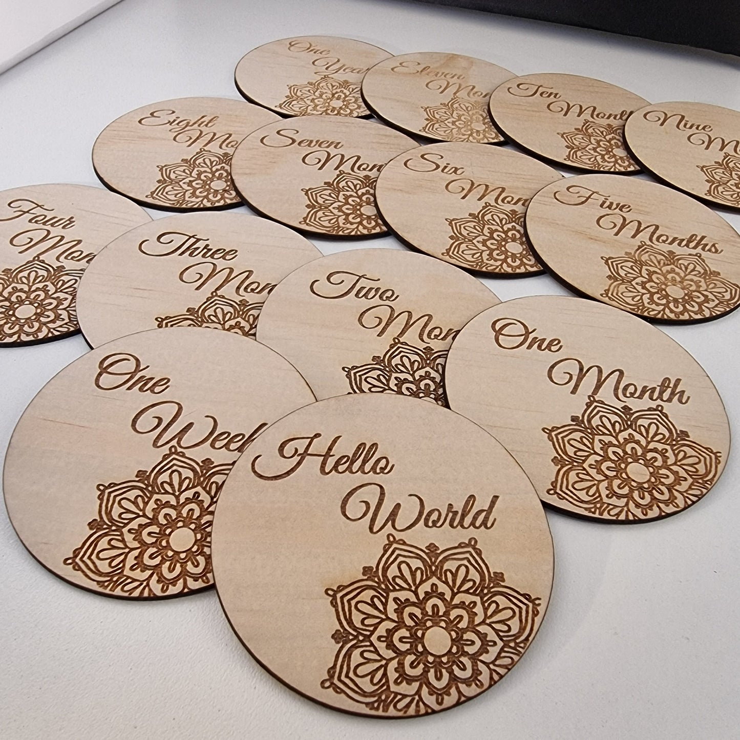 Wooden Milestones "Hello World to 1 year" Laser Mandala discs - Design Hut