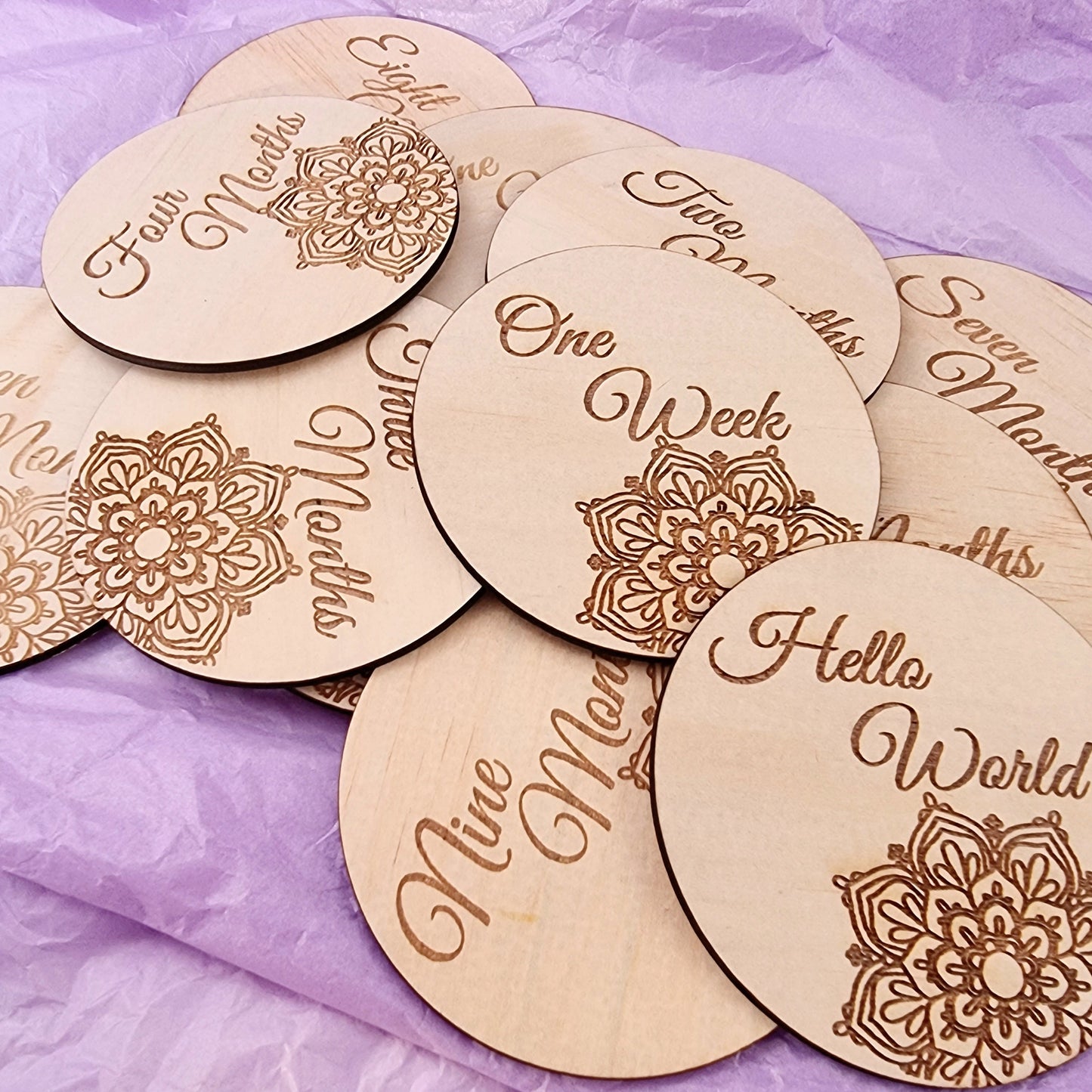 Wooden Milestones "Hello World to 1 year" Laser Mandala discs - Design Hut