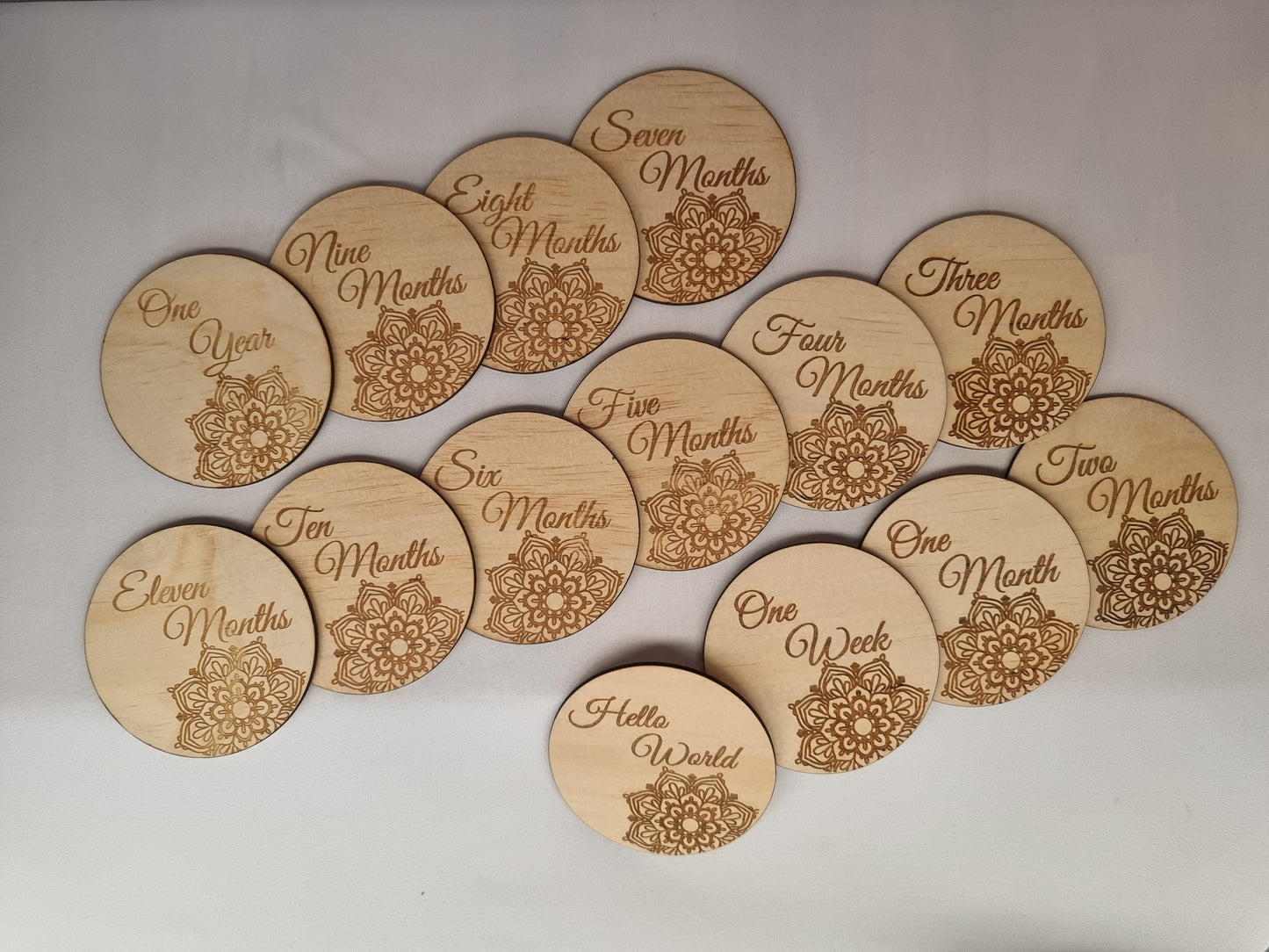 Wooden Milestones "Hello World to 1 year" Laser Mandala discs - Design Hut