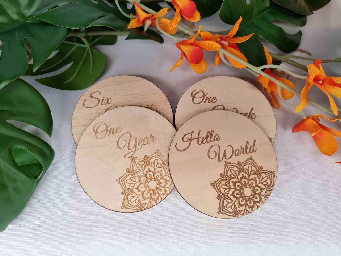 Wooden Milestones "Hello World to 1 year" Laser Mandala discs - Design Hut