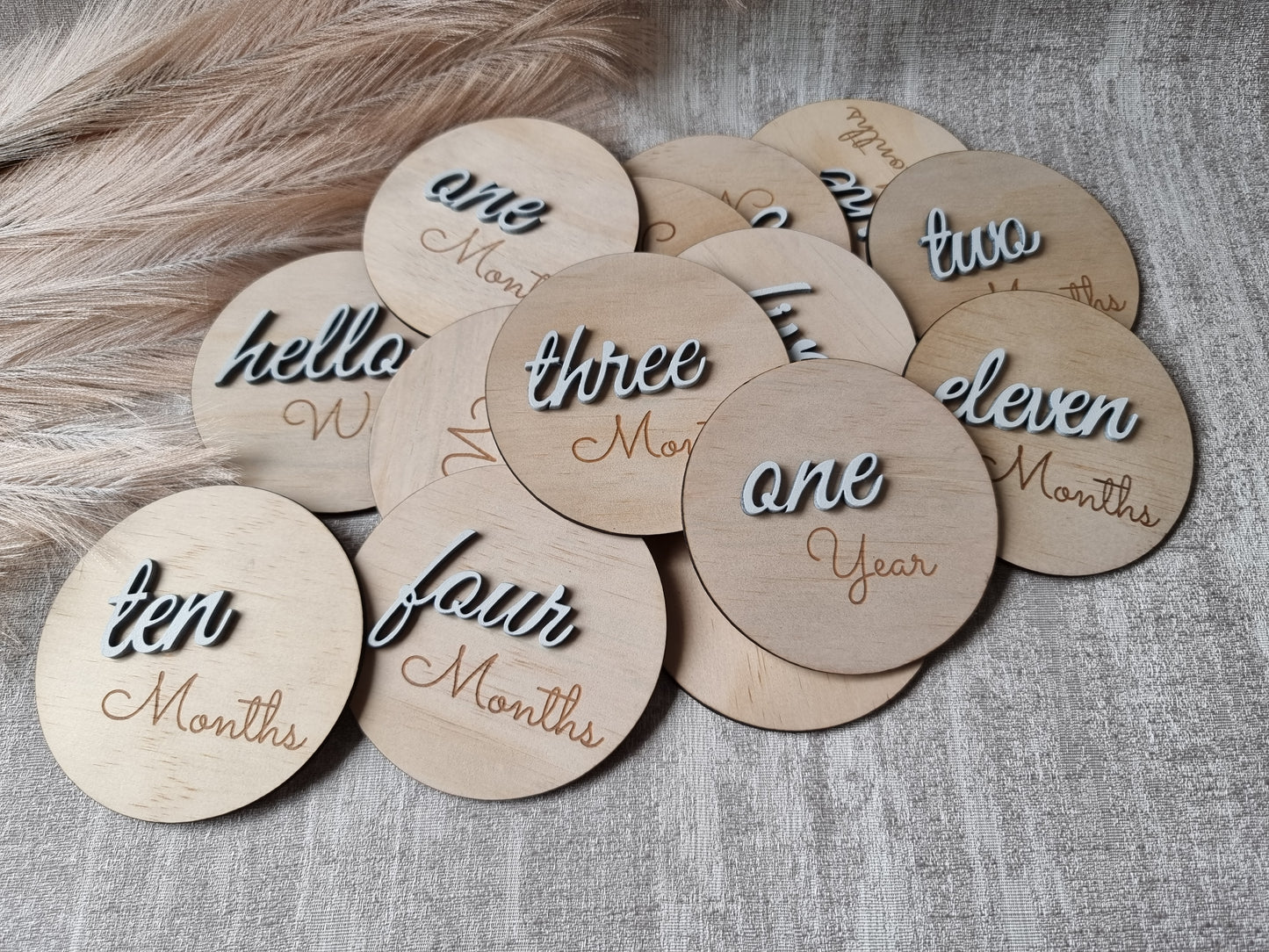Wooden Milestones "Hello World to 1 year" 3D number Design discs - Design Hut