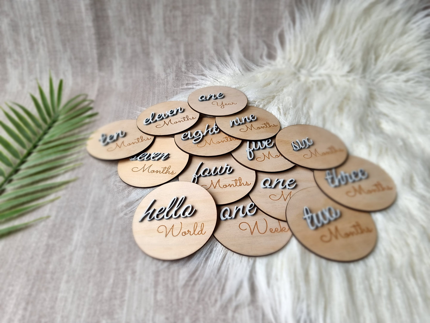 Wooden Milestones "Hello World to 1 year" 3D number Design discs - Design Hut