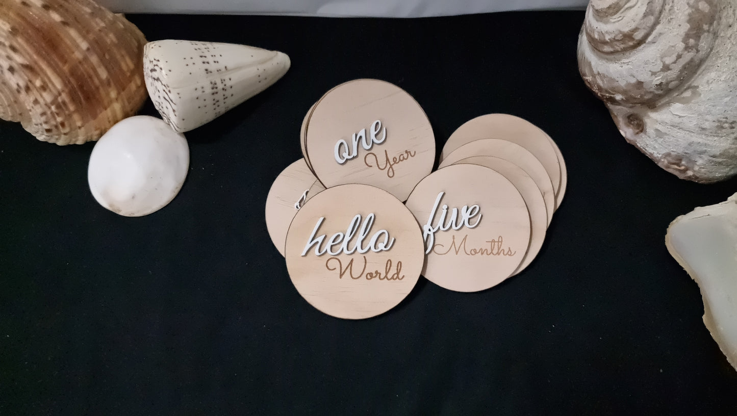 Wooden Milestones "Hello World to 1 year" 3D number Design discs - Design Hut