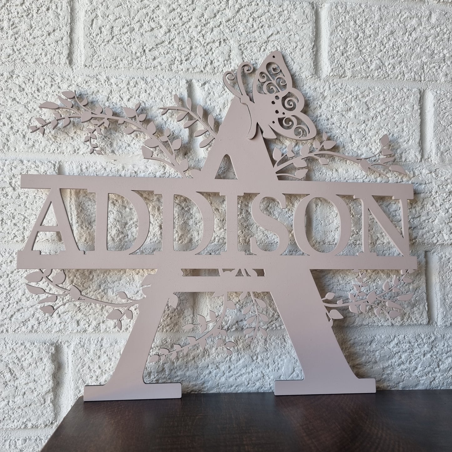 Wooden Fancy Leaf Monogram with Butterfly - Personalize with Name Wall Decal