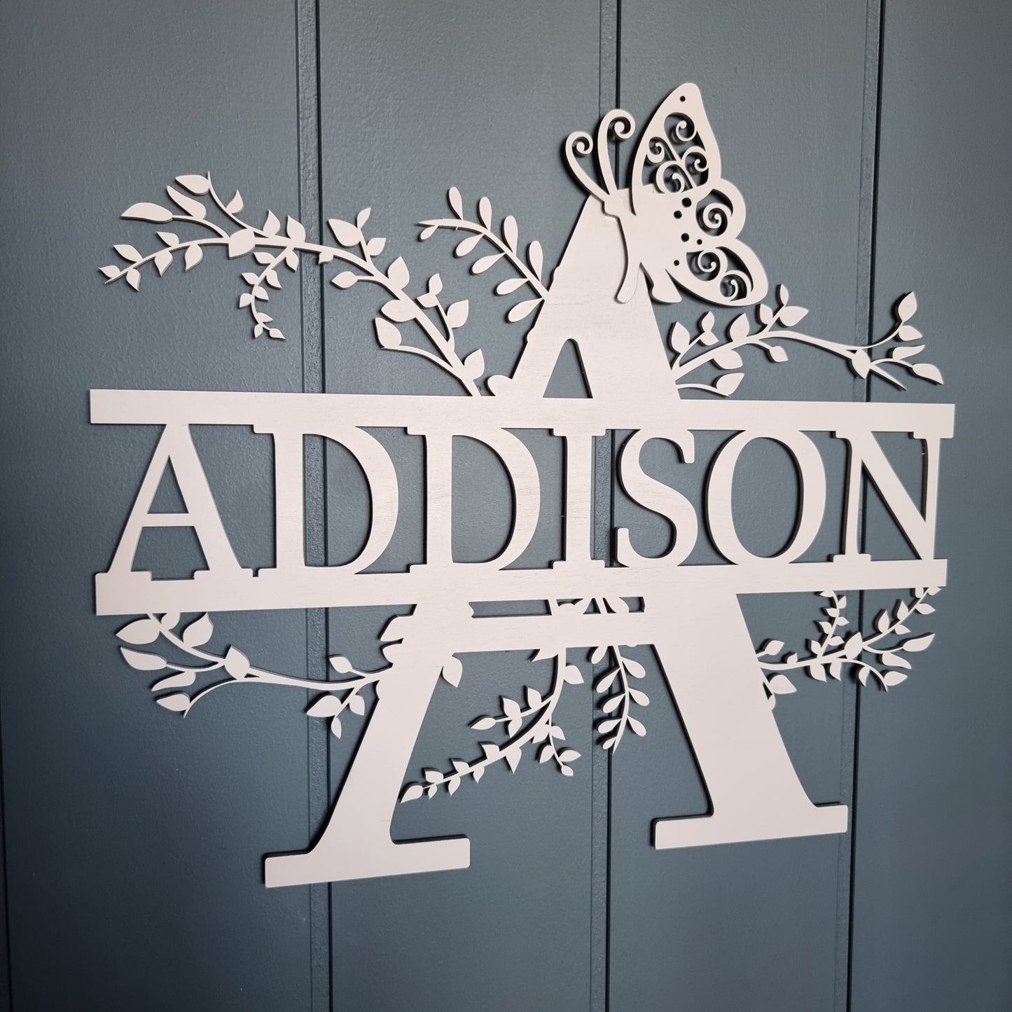 Wooden Fancy Leaf Monogram with Butterfly - Personalize with Name Wall Decal
