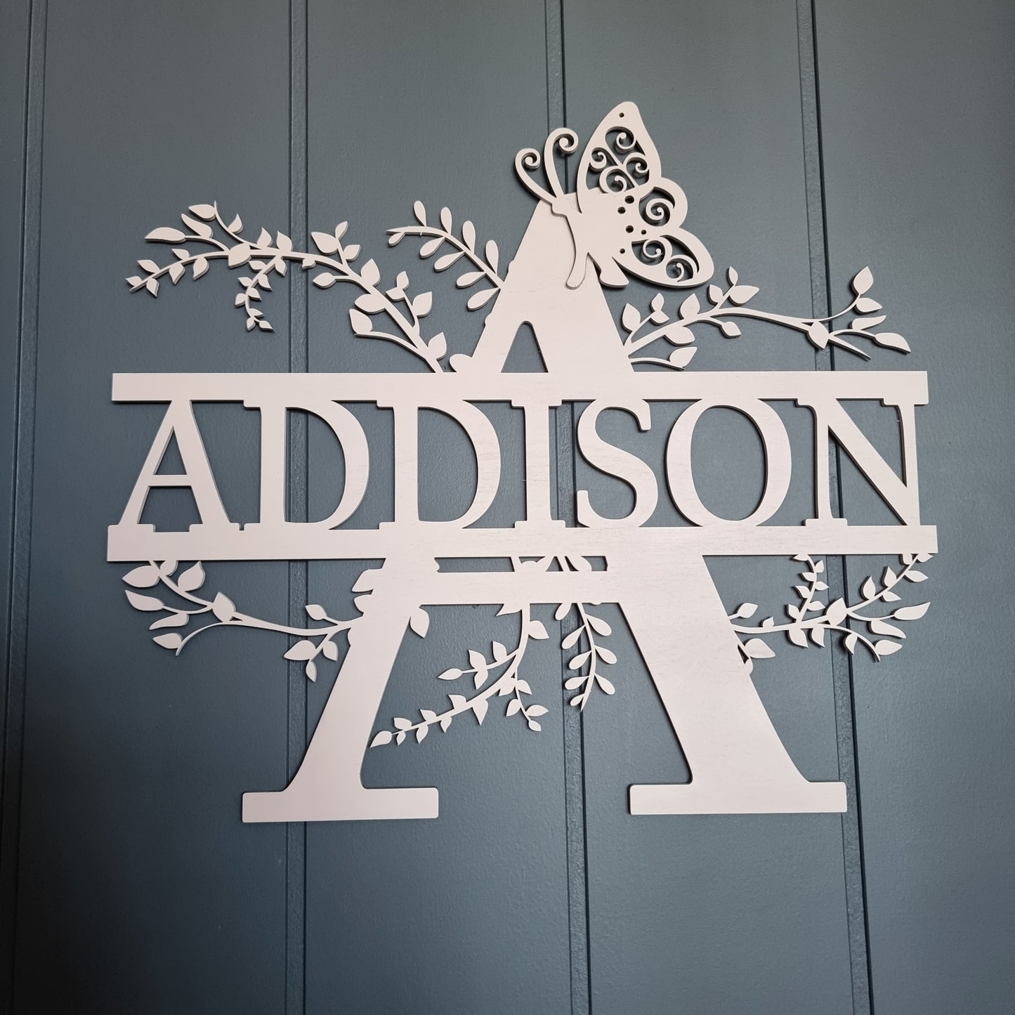 Wooden Fancy Leaf Monogram with Butterfly - Personalize with Name Wall Decal