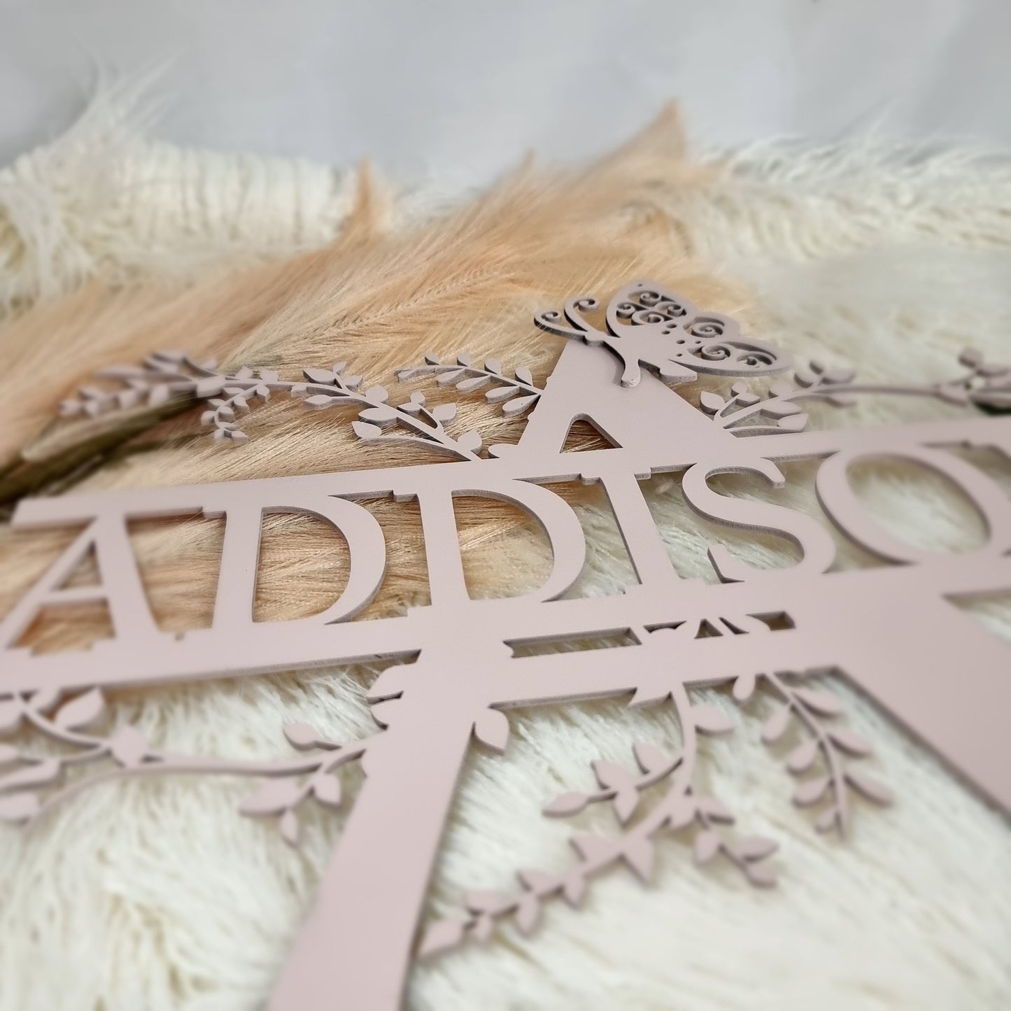 Wooden Fancy Leaf Monogram with Butterfly - Personalize with Name Wall Decal