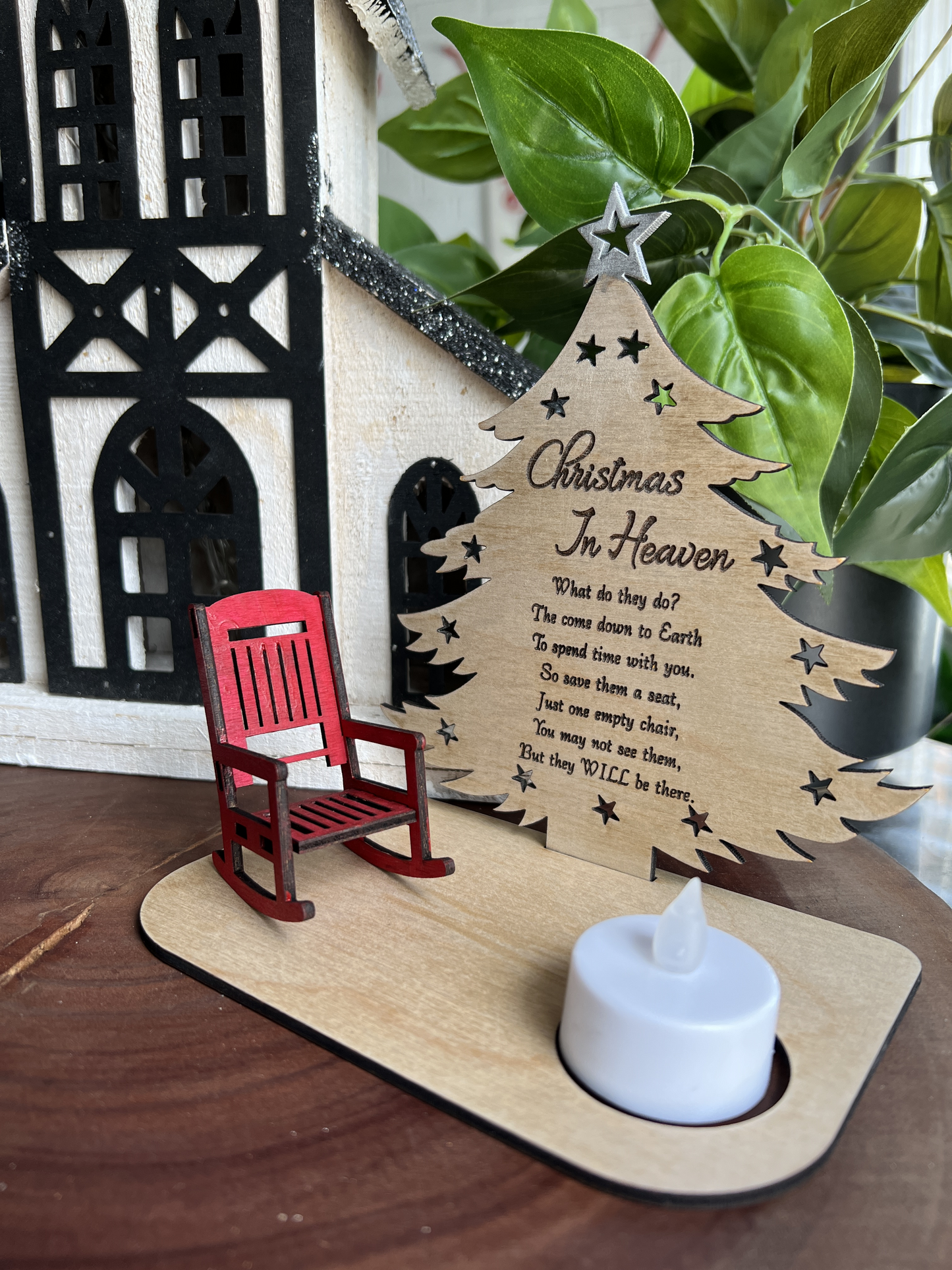 Christmas in Heaven Memorial Tree with wooden Rocking chair and Candle