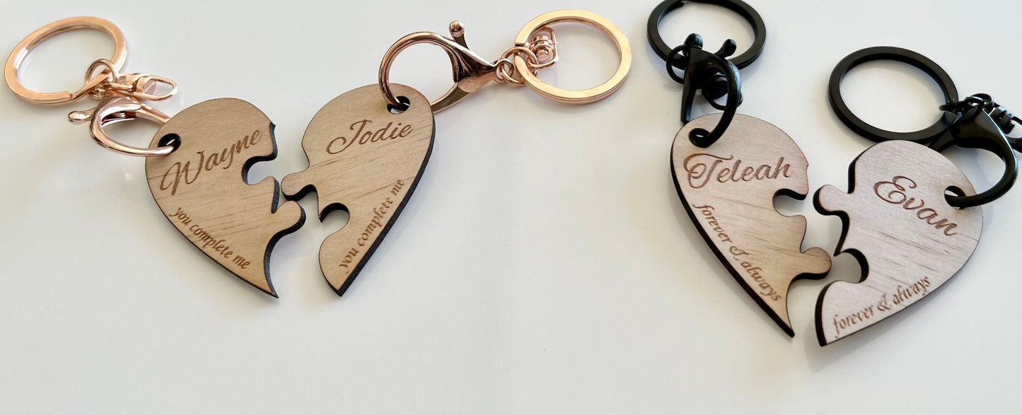 Personalised Wooden Laser Love Heart Jigsaw Pieces for 2 keyrings - Design Hut Mandurah