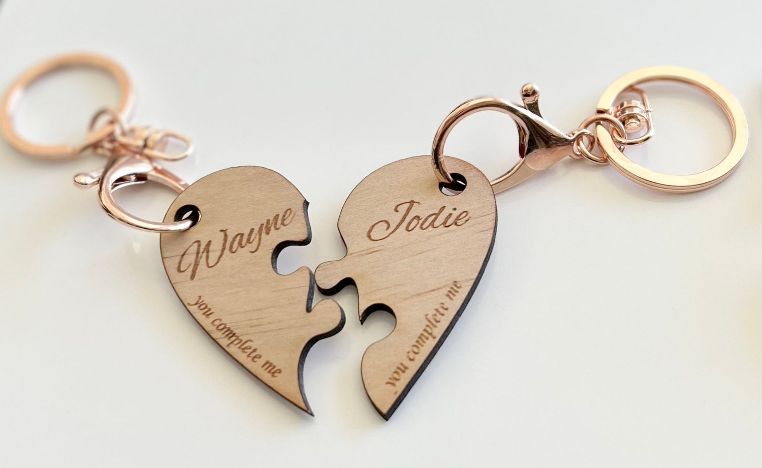 Personalised Wooden Laser engraved Love Heart Jigsaw Pieces for 2 keyrings - Design Hut Mandurah