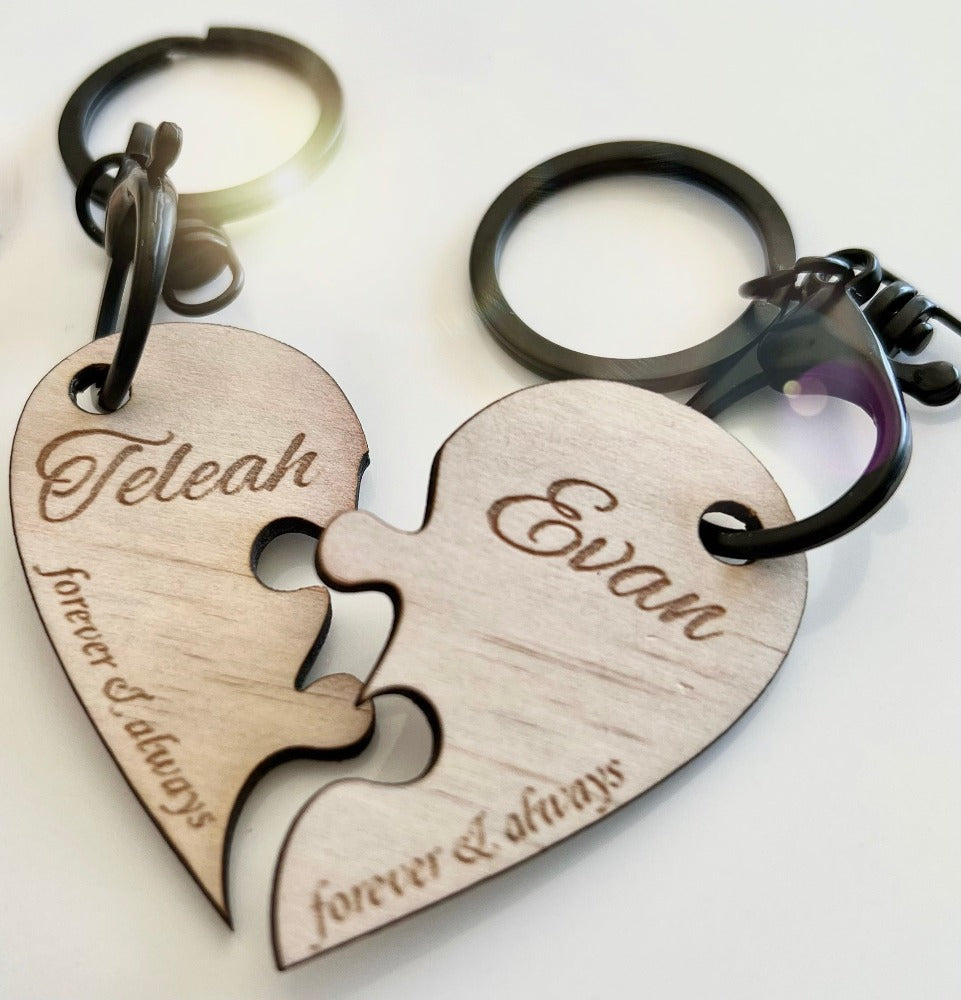 Personalised Wooden Laser engraved Love Heart Jigsaw Pieces for 2 keyrings - Design Hut Mandurah