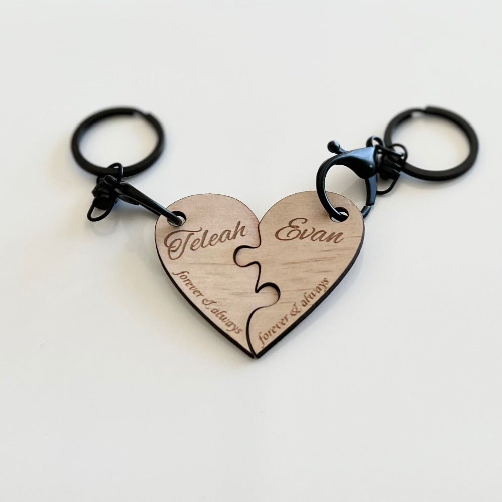 Personalised Wooden Laser engraved Love Heart Jigsaw Pieces for 2 keyrings - Design Hut Mandurah