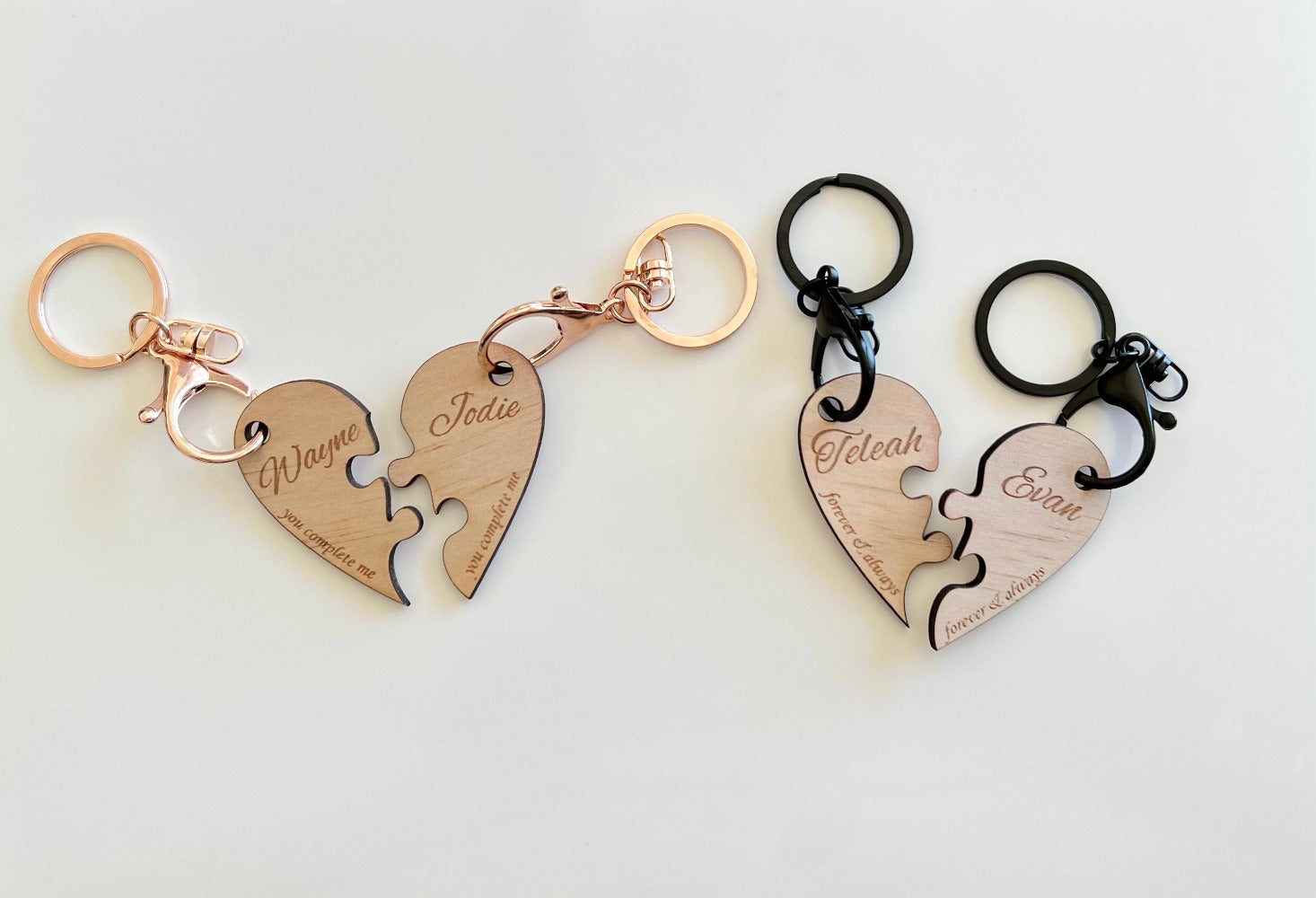 Personalised Wooden Laser engraved Love Heart Jigsaw Pieces for 2 keyrings - Design Hut Mandurah