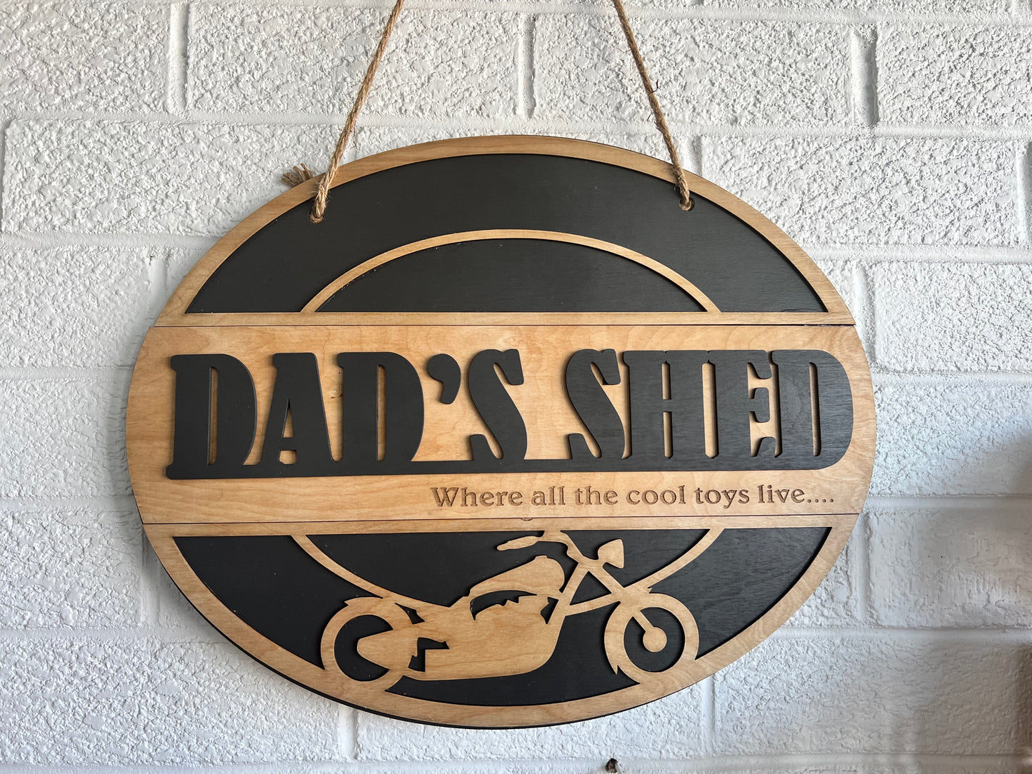 Oval Shape - Dad's Shed Wooden Sign - Where all the cool toys live..