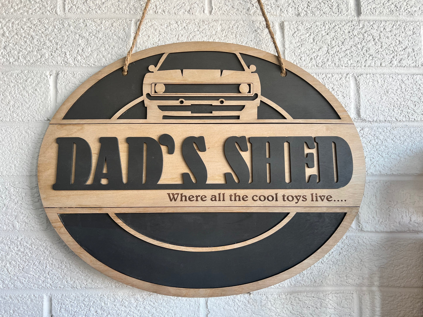 Oval Shape - Dad's Shed Wooden Sign - Where all the cool toys live..