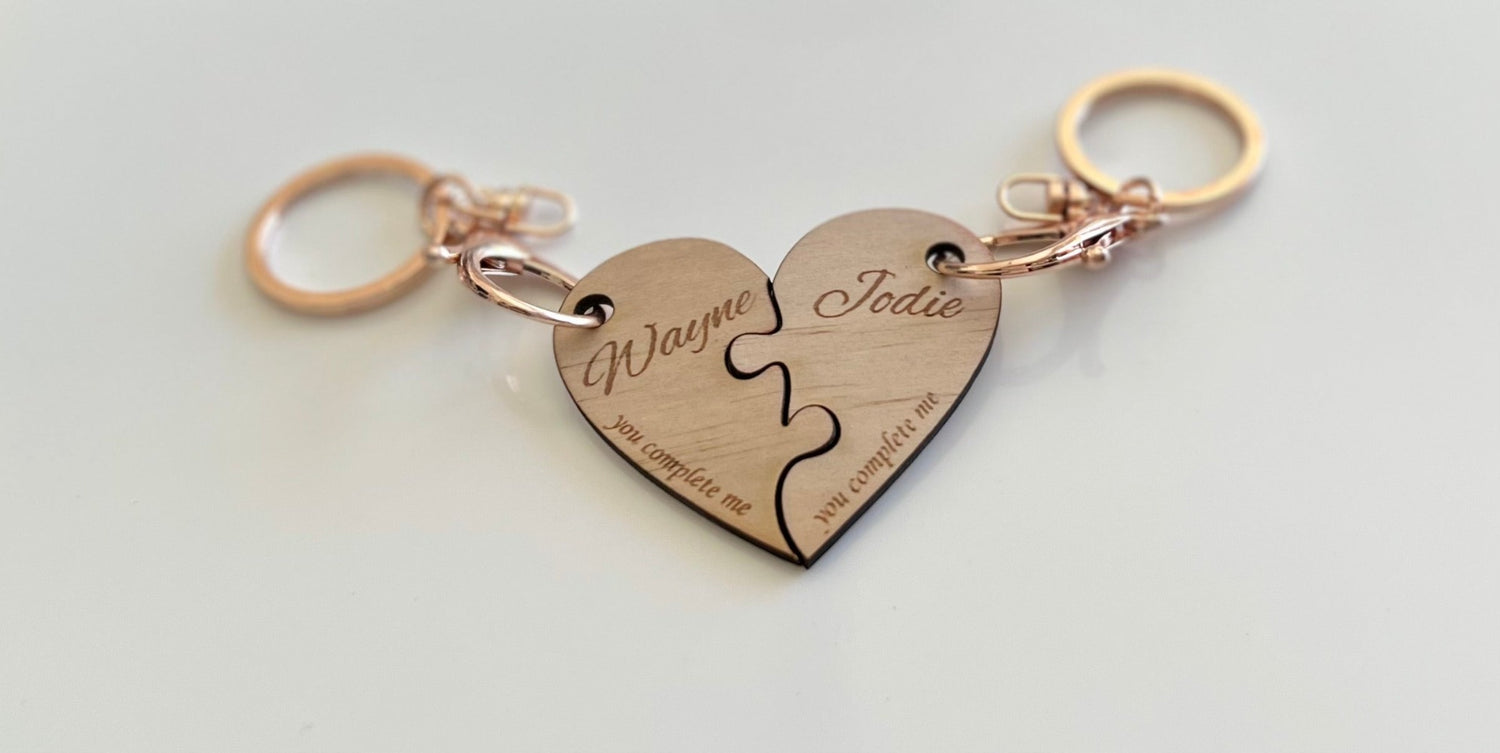 Personalised Wooden Laser engraved Love Heart Jigsaw Pieces for 2 keyrings - Design Hut Mandurah