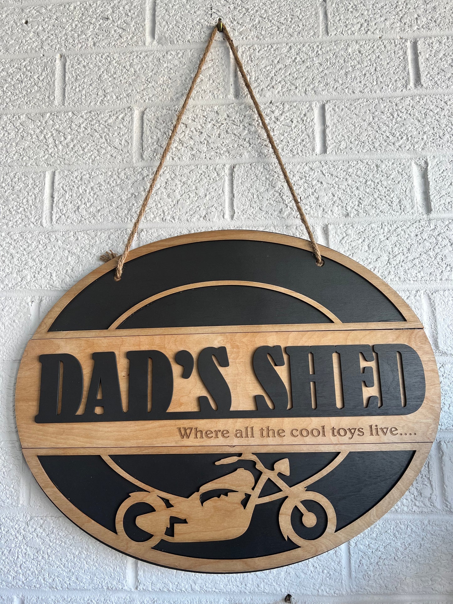 Oval Shape - Dad's Shed Wooden Sign - Where all the cool toys live..