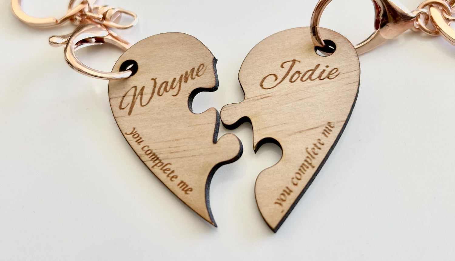 Personalised Wooden Laser engraved Love Heart Jigsaw Pieces for 2 keyrings - Design Hut Mandurah