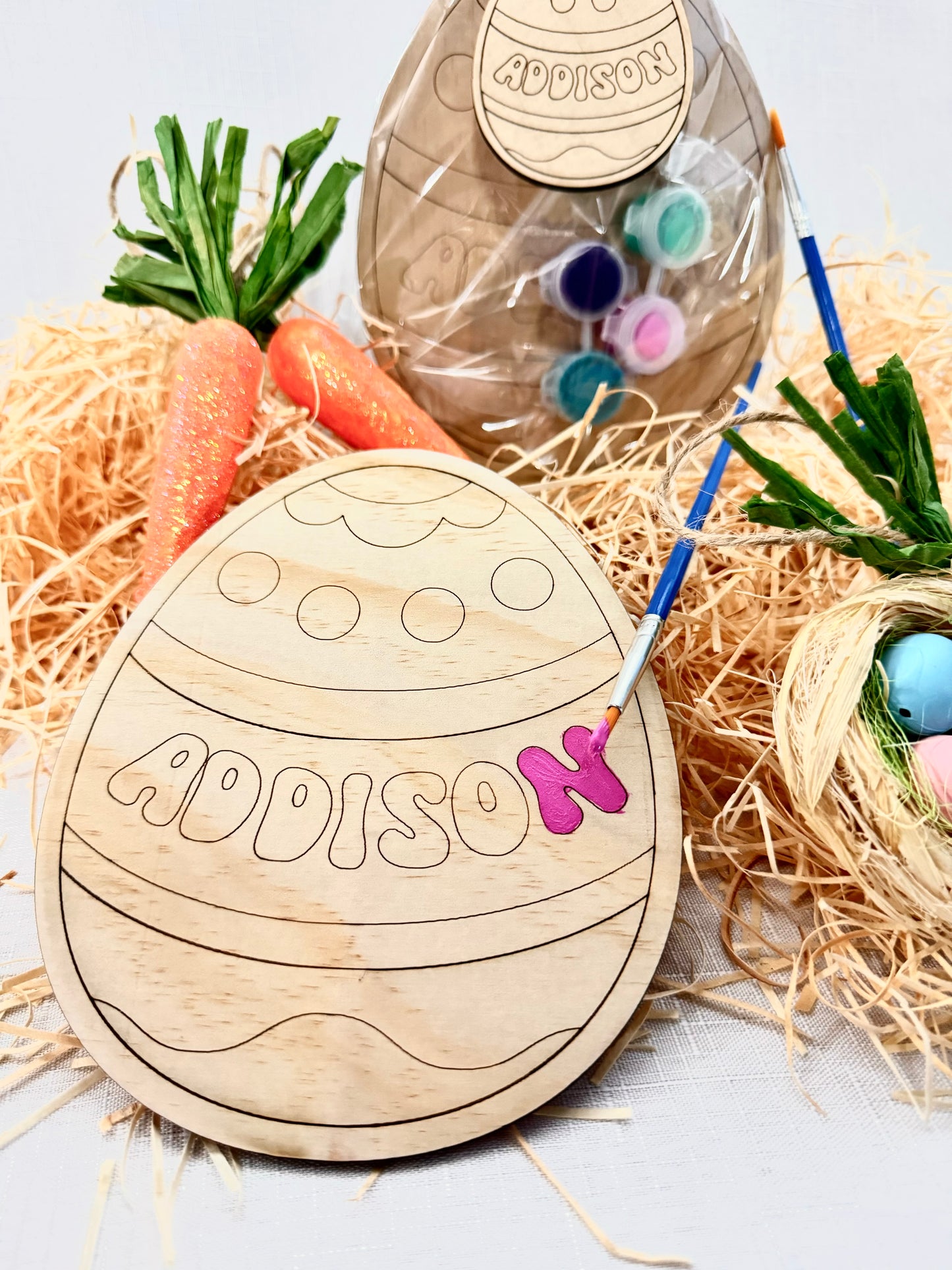 Personalised Wooden Easter Egg DIY Paint Kit with Engraved Name and Free Name Tag | Design Hut