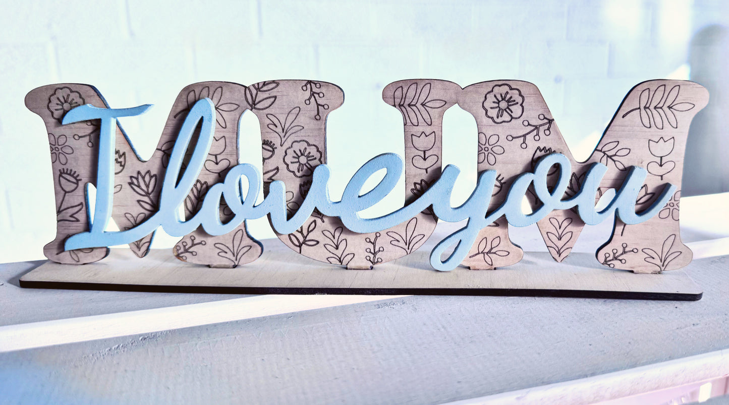 Wooden Floral Engraved “I love you” Sign with Base | Design Hut