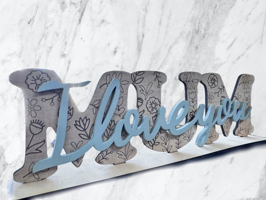 Wooden Floral Engraved “I love you” Sign with Base | Design Hut