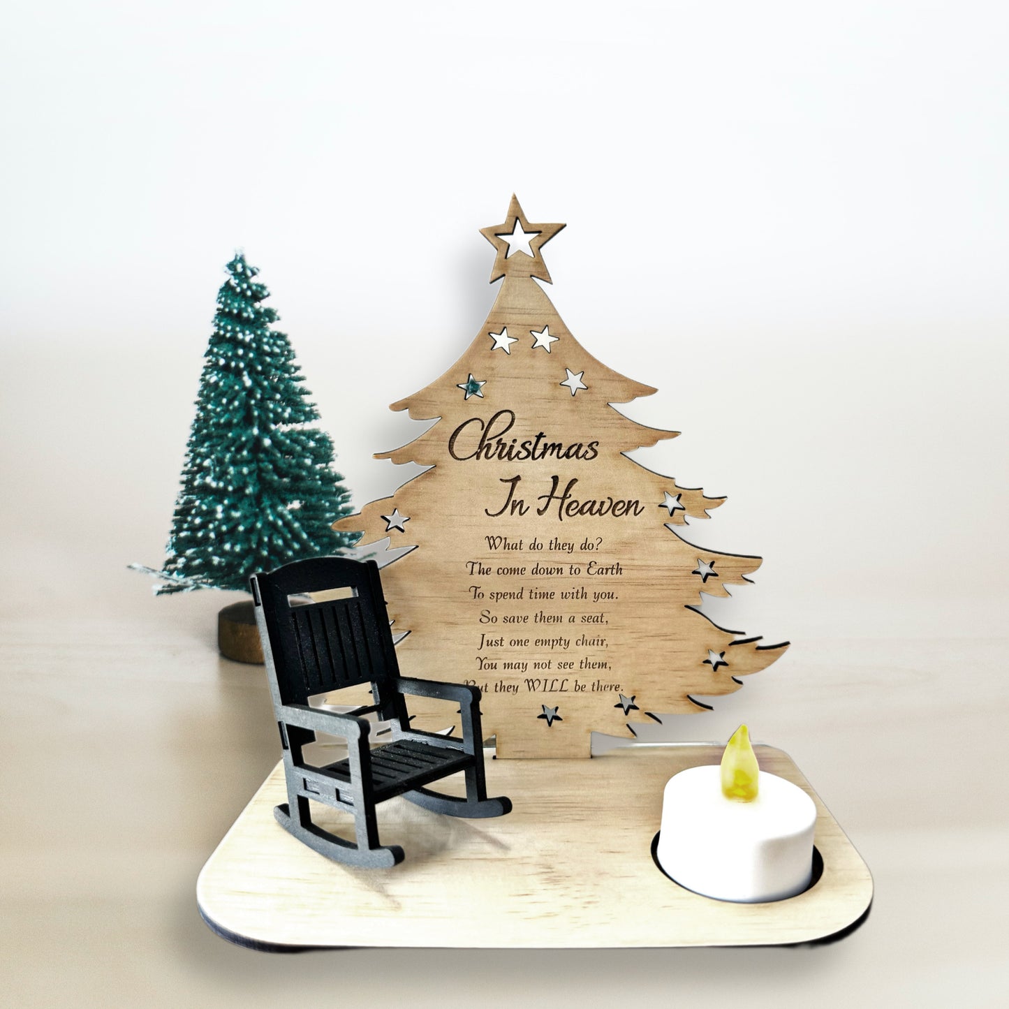 Christmas in Heaven Memorial Tree with wooden Rocking chair and Candle
