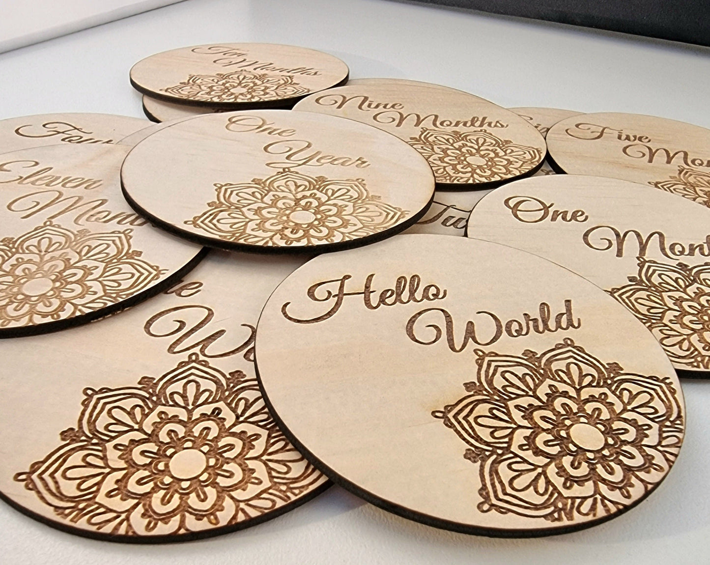 Wooden Milestones "Hello World to 1 year" Laser Mandala discs - Design Hut