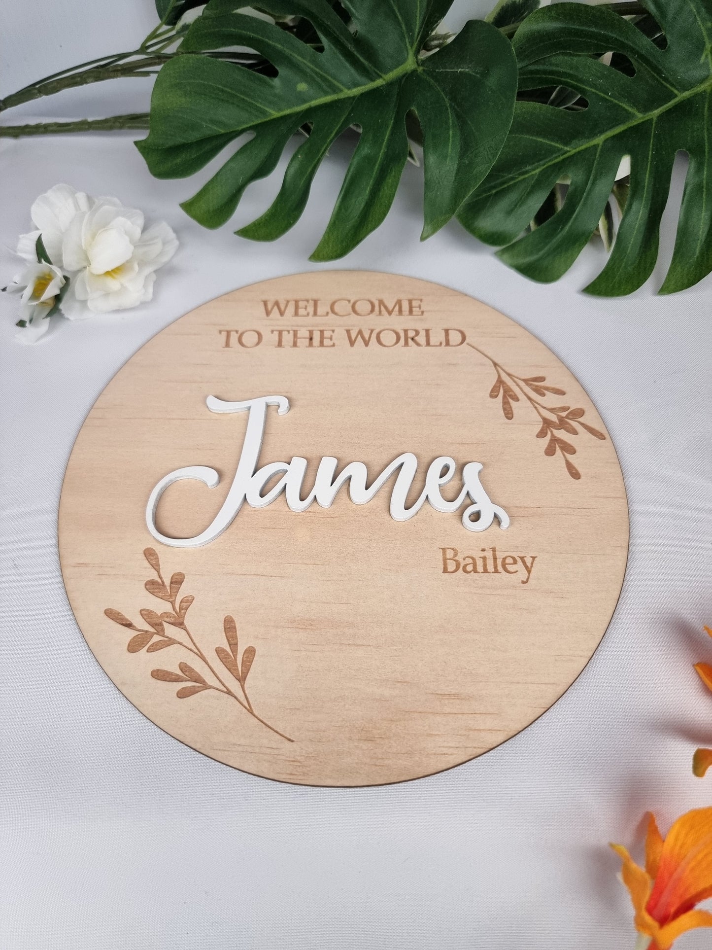 "Welcome to the World" Wooden Birth Announcement Disc - Design Hut