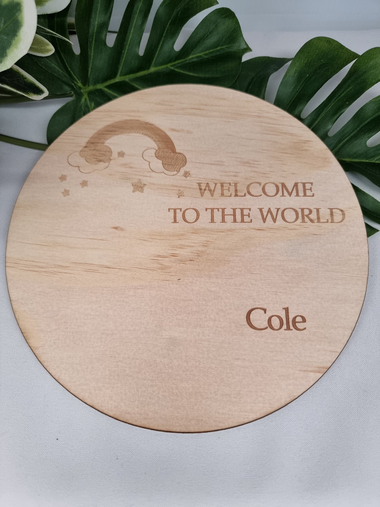 "Welcome to the World" Wooden Birth Announcement Disc - Design Hut