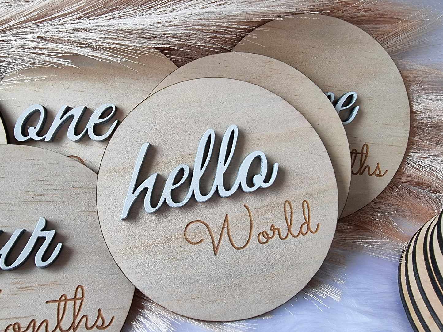 Wooden Milestones "Hello World to 1 year" 3D number Design discs - Design Hut