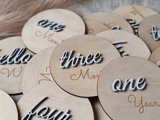 Wooden Milestones "Hello World to 1 year" 3D number Design discs - Design Hut