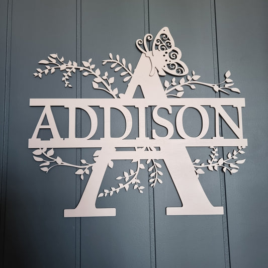 Wooden Fancy Leaf Monogram with Butterfly - Personalize with Name Wall Decal