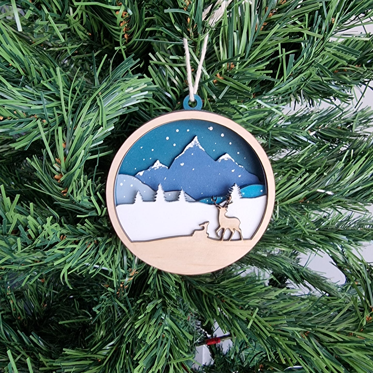 Wooden Layered Mountain Scene Christmas Tree ornament