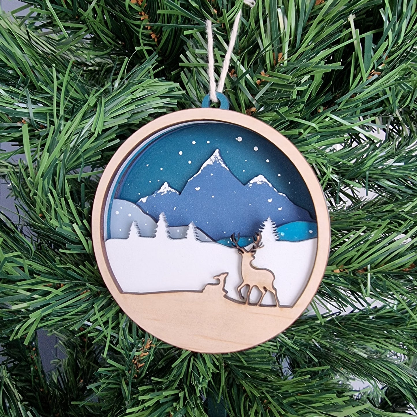 Wooden Layered Mountain Scene Christmas Tree ornament