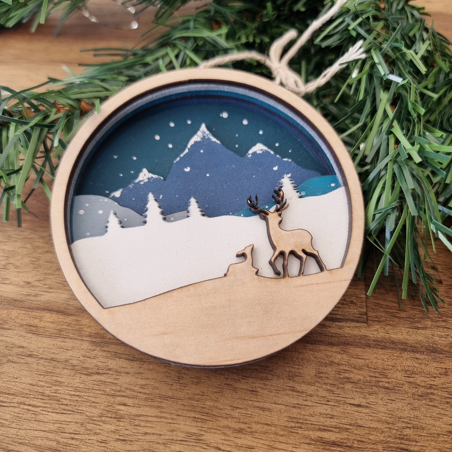 Wooden Layered Mountain Scene Christmas Tree ornament