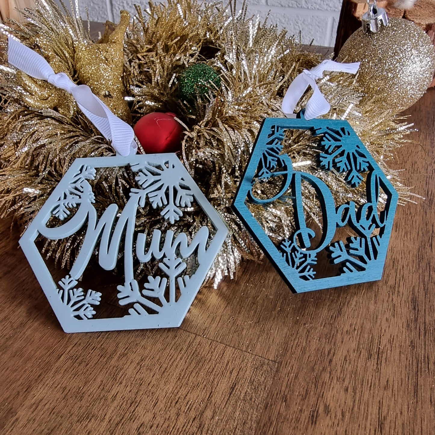 Unique Wooden Snowflake Personalised/ Custom Name Christmas Tree Ornaments - Design Hut