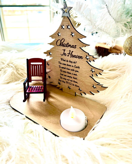 Christmas in Heaven Memorial Tree with wooden Rocking chair and Candle