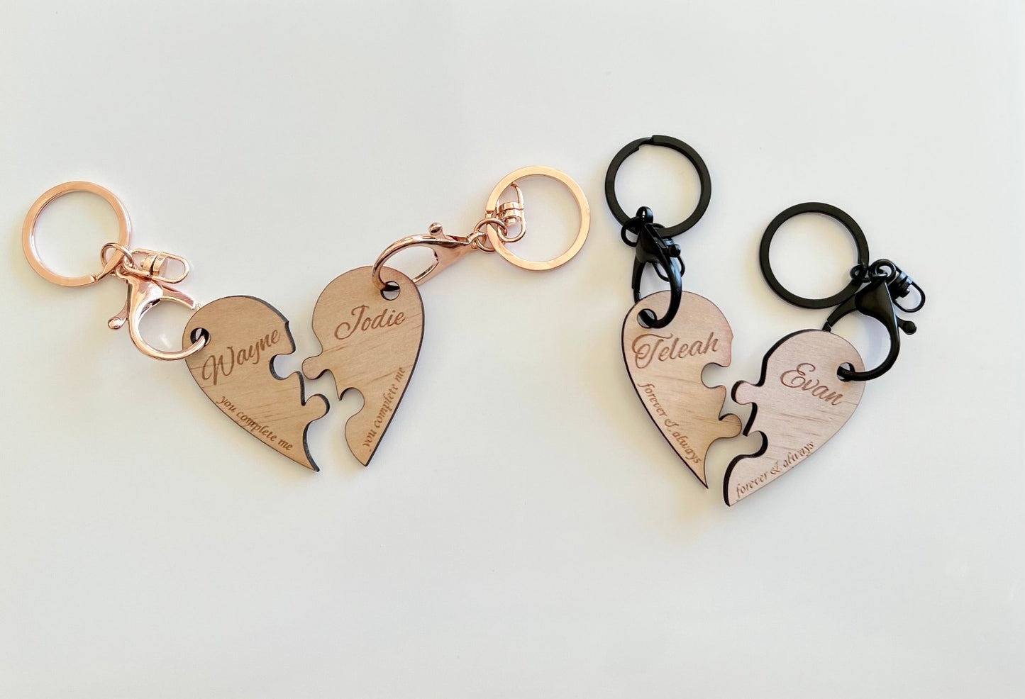 Personalised Wooden Laser engraved Love Heart Jigsaw Pieces for 2 keyrings - Design Hut Mandurah 