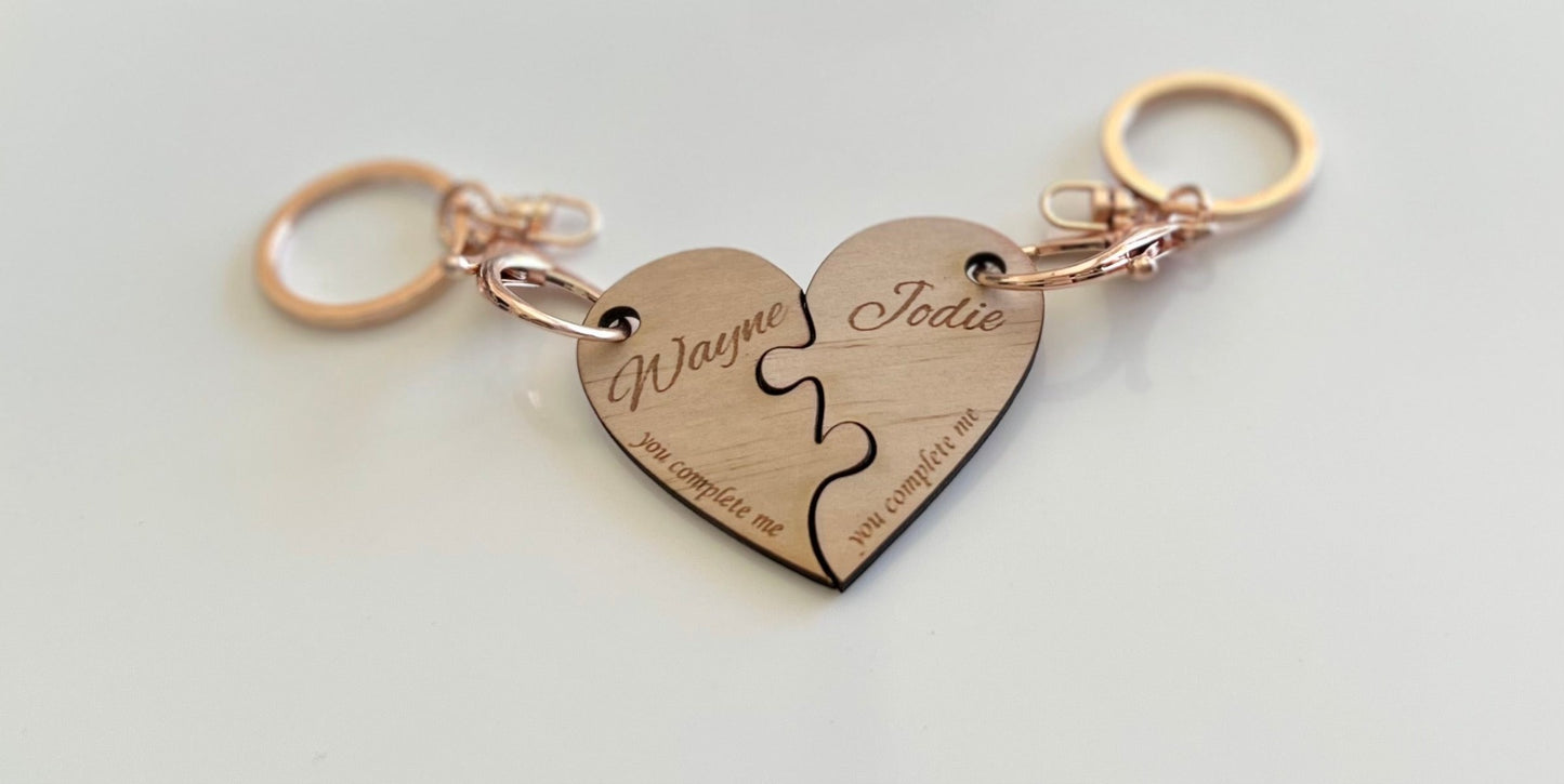 Personalised Wooden Laser engraved Love Heart Jigsaw Pieces for 2 keyrings - Design Hut Mandurah 