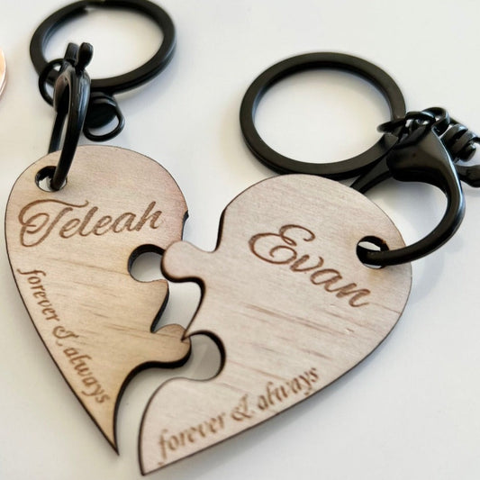 Personalised Wooden Laser Love Heart Jigsaw Pieces for 2 keyrings - Design Hut Mandurah